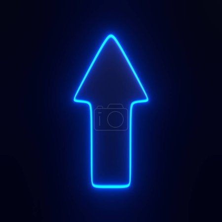Photo for Up arrow with bright glowing futuristic blue neon lights on black background. 3D icon, sign and symbol. Front view. 3D render illustration - Royalty Free Image
