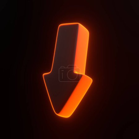 Photo for Arrow downwards with bright glowing futuristic orange neon lights on black background. 3D icon, sign and symbol. Cartoon minimal style. 3D render illustration - Royalty Free Image