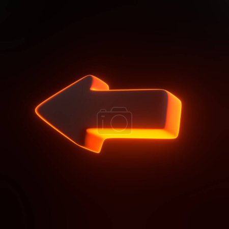 Téléchargez les photos : Icône flèche avec des lumières lumineuses au néon orange futuriste sur fond noir. Icône, signe et symbole 3D. Dessin animé style minimal. Illustration de rendu 3D - en image libre de droit