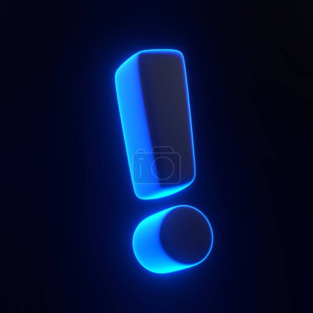 Photo for Exclamation mark with bright glowing futuristic blue neon lights on black background. 3D icon, sign and symbol. Cartoon minimal style. 3D render illustration - Royalty Free Image