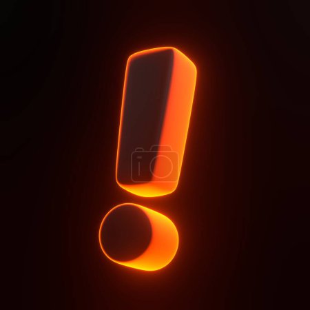 Foto de Signo de exclamación con brillantes luces de neón naranjas futuristas sobre fondo negro. Icono 3D, signo y símbolo. Estilo minimalista de dibujos animados. Ilustración de representación 3D - Imagen libre de derechos