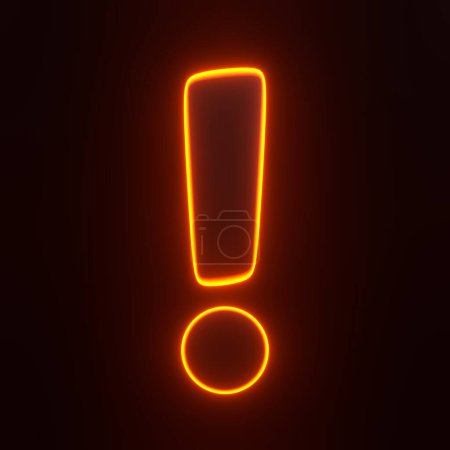 Foto de Signo de exclamación con brillantes luces de neón naranjas futuristas sobre fondo negro. Icono 3D, signo y símbolo. Vista frontal. Ilustración de representación 3D - Imagen libre de derechos