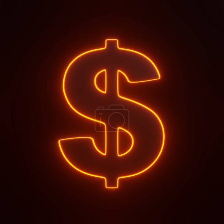 Téléchargez les photos : Panneau dollar avec des lumières lumineuses au néon orange futuriste sur fond noir. Icône, signe et symbole 3D. Vue de face. Illustration de rendu 3D - en image libre de droit