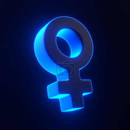 Photo for Woman symbol with bright glowing futuristic blue neon lights on black background. 3D icon, sign and symbol. Cartoon minimal style. 3D render illustration - Royalty Free Image