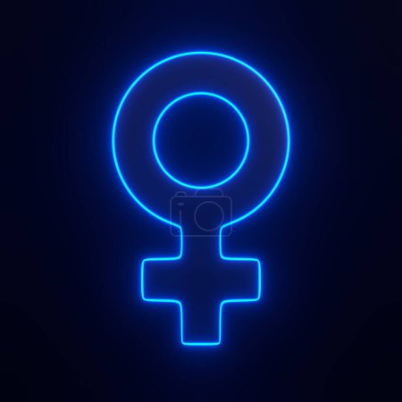 Téléchargez les photos : Symbole de la femme avec des lumières au néon bleu futuriste brillant sur fond noir. Icône, signe et symbole 3D. Vue de face. Illustration de rendu 3D - en image libre de droit