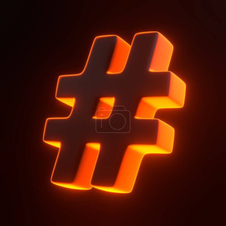 Foto de Símbolo de hashtag con brillantes luces de neón naranjas futuristas sobre fondo negro. Icono 3D, signo y símbolo. Estilo minimalista de dibujos animados. Ilustración de representación 3D - Imagen libre de derechos