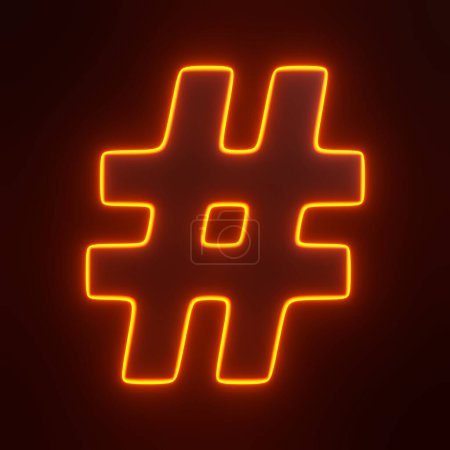 Foto de Símbolo de hashtag con brillantes luces de neón naranjas futuristas sobre fondo negro. Icono 3D, signo y símbolo. Vista frontal. Ilustración de representación 3D - Imagen libre de derechos