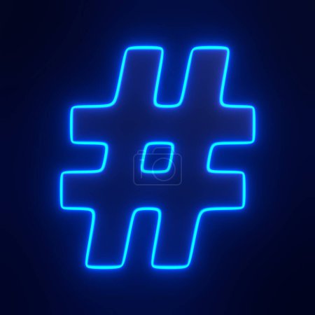 Photo for Hashtag symbol with bright glowing futuristic blue neon lights on black background. 3D icon, sign and symbol. Front view. 3D render illustration - Royalty Free Image