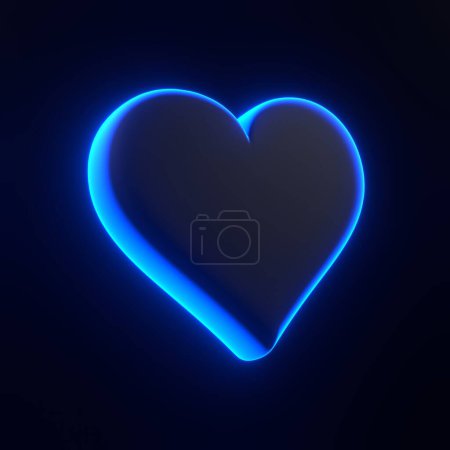 Téléchargez les photos : As cartes à jouer symbole coeurs avec des lumières lumineuses néon bleu futuriste lumineux sur fond noir. Icône, signe et symbole 3D. Dessin animé style minimal. Illustration de rendu 3D - en image libre de droit