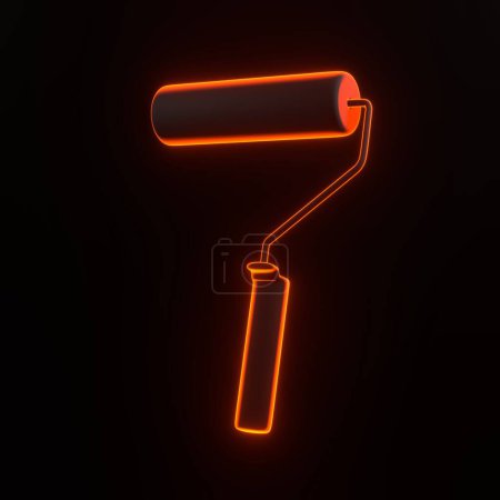 Photo for Paint roller with bright glowing futuristic orange neon lights on black background. 3D icon, sign and symbol. Cartoon minimal style. 3D render illustration - Royalty Free Image