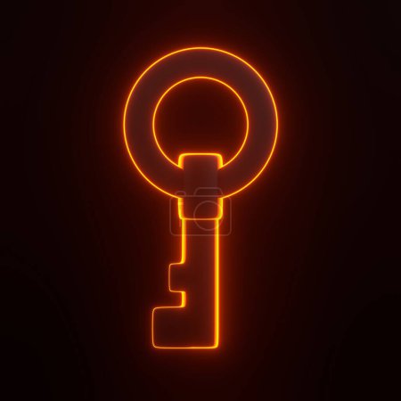 Foto de Llave con brillantes luces de neón naranjas futuristas sobre fondo negro. Icono 3D, signo y símbolo. Vista frontal. Ilustración de representación 3D - Imagen libre de derechos