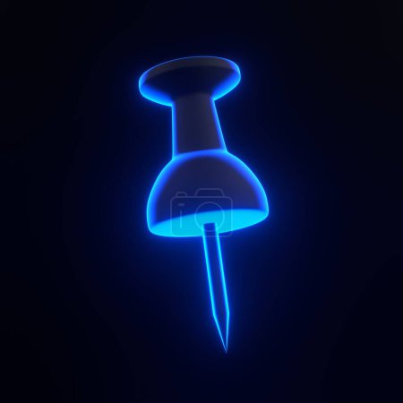 Foto de Dibujo pin con brillantes luces de neón azul futurista brillante sobre fondo negro. Icono 3D, signo y símbolo. Estilo minimalista de dibujos animados. Ilustración de representación 3D - Imagen libre de derechos
