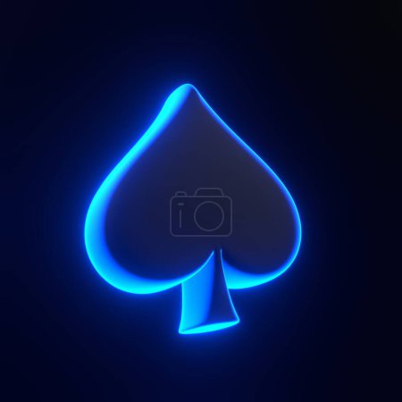 Téléchargez les photos : Aces cartes à jouer symbole pique avec des lumières lumineuses néon bleu futuriste lumineux sur fond noir. Icône, signe et symbole 3D. Dessin animé style minimal. Illustration de rendu 3D - en image libre de droit