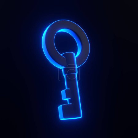 Foto de Llave con brillantes luces de neón azul futurista sobre fondo negro. Icono 3D, signo y símbolo. Estilo minimalista de dibujos animados. Ilustración de representación 3D - Imagen libre de derechos