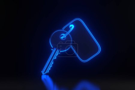 Photo for Door key with steel keyring and blank label for text or number with bright glowing futuristic blue neon lights on black background. 3D render illustration - Royalty Free Image