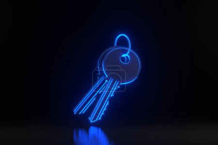 Foto de Manojo de llaves con anillo con brillantes luces de neón azul futurista brillante sobre fondo negro. Ilustración de representación 3D - Imagen libre de derechos