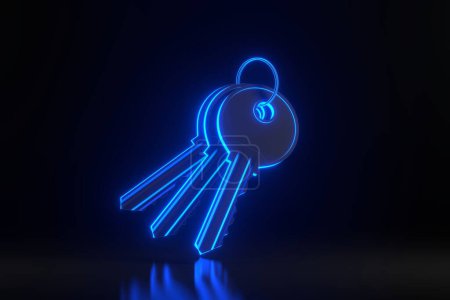 Téléchargez les photos : Lot de clés avec anneau avec des lumières au néon bleu futuriste brillant sur fond noir. Illustration de rendu 3D - en image libre de droit