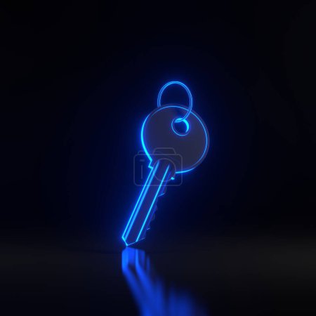 Photo for Door key with ring with bright glowing futuristic blue neon lights on black background. 3D render illustration - Royalty Free Image