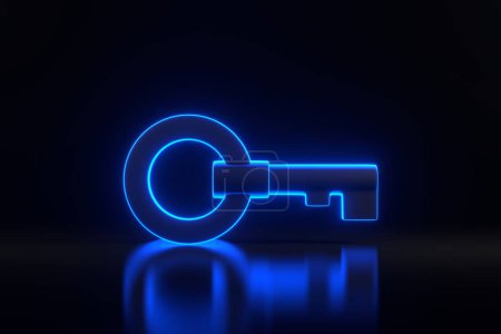 Photo for Chest key with bright glowing futuristic blue neon lights on black background. 3D render illustration - Royalty Free Image