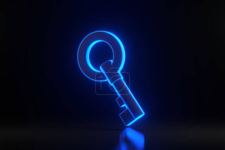 Photo for Chest key with bright glowing futuristic blue neon lights on black background. 3D render illustration - Royalty Free Image