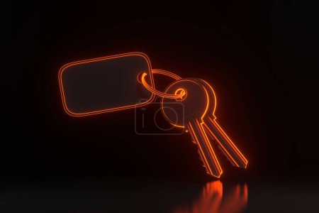 Téléchargez les photos : Clés de porte avec porte-clés en acier et étiquette vierge pour le texte ou le nombre avec des lumières lumineuses au néon orange futuriste sur fond noir. Illustration de rendu 3D - en image libre de droit