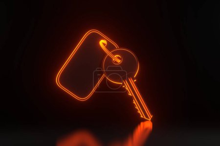 Photo for Door key with steel keyring and blank label for text or number with bright glowing futuristic orange neon lights on black background. 3D render illustration - Royalty Free Image