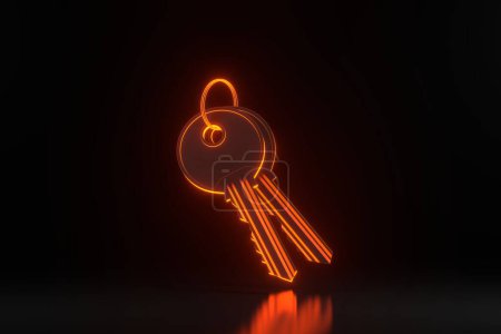 Photo for Bunch of keys with ring with bright glowing futuristic orange neon lights on black background. 3D render illustration - Royalty Free Image