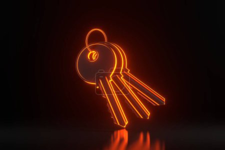 Photo for Bunch of keys with ring with bright glowing futuristic orange neon lights on black background. 3D render illustration - Royalty Free Image