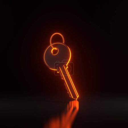 Photo for Door key with ring with bright glowing futuristic orange neon lights on black background. 3D render illustration - Royalty Free Image
