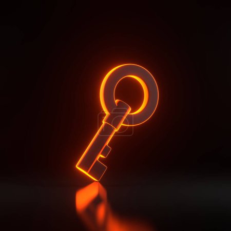 Photo for Chest key with bright glowing futuristic orange neon lights on black background. 3D render illustration - Royalty Free Image