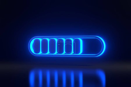 Photo for Minimal progress bar part symbol with bright glowing futuristic blue neon lights on black background. Loading concept. 3D render illustration - Royalty Free Image