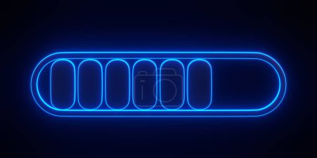 Téléchargez les photos : Symbole minimal de la barre de progression avec des néons bleus futuristes brillants sur fond noir. Concept de chargement. Illustration de rendu 3D - en image libre de droit
