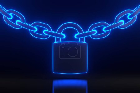 Foto de Candado y cadena con brillantes luces de neón azul futurista sobre fondo negro. Concepto de seguridad. Ilustración de representación 3D - Imagen libre de derechos