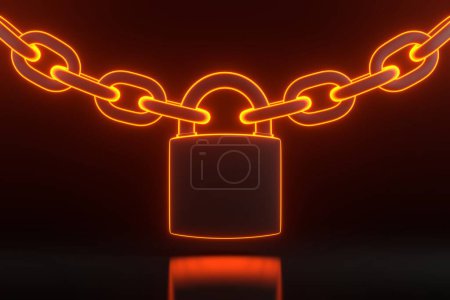 Téléchargez les photos : Cadenas et chaîne avec des lumières lumineuses au néon orange futuriste sur fond noir. Concept de sécurité. Illustration de rendu 3D - en image libre de droit