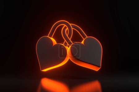 Téléchargez les photos : Deux cadenas verrouillés en forme de cœur avec des lumières lumineuses au néon orange futuriste sur fond noir. Concept de sécurité. Illustration de rendu 3D - en image libre de droit
