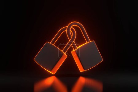 Téléchargez les photos : Deux cadenas verrouillés avec des lumières lumineuses au néon orange futuriste sur fond noir. Concept de sécurité. Illustration de rendu 3D - en image libre de droit