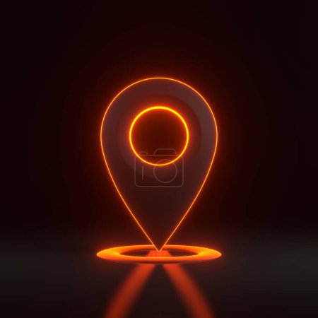 Téléchargez les photos : Pointeur de carte avec des lumières lumineuses au néon orange futuriste sur fond noir. Icône marqueur de carte. Illustration de rendu 3D - en image libre de droit