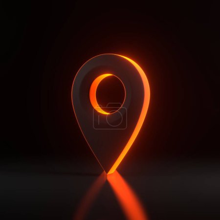 Téléchargez les photos : Pointeur de carte avec des lumières lumineuses au néon orange futuriste sur fond noir. Icône marqueur de carte. Illustration de rendu 3D - en image libre de droit