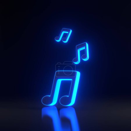 Photo for Musical notes fly with bright glowing futuristic blue neon lights on black background. 3D render illustration - Royalty Free Image