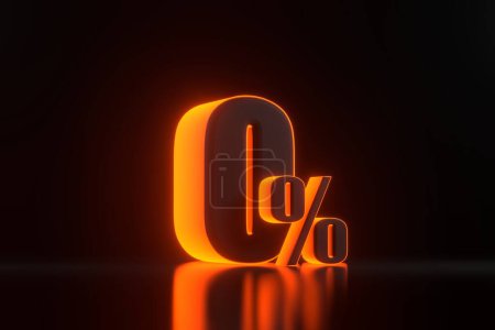 Foto de Signo de cero por ciento con brillantes luces de neón naranjas futuristas sobre fondo negro. 0% de descuento en venta. Ilustración de representación 3D - Imagen libre de derechos
