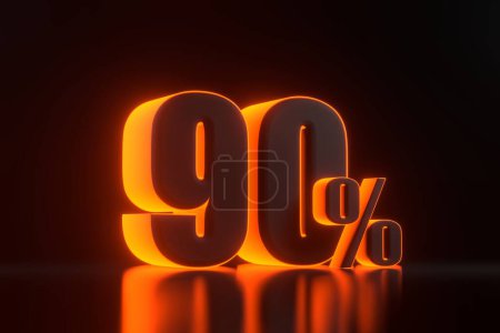 Foto de Signo del noventa por ciento con brillantes luces de neón naranjas futuristas sobre fondo negro. 90% de descuento en venta. Ilustración de representación 3D - Imagen libre de derechos