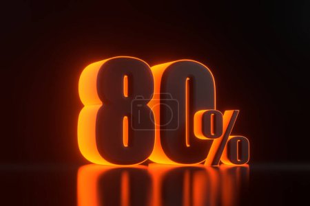 Téléchargez les photos : Quatre-vingts pour cent signe avec des lumières lumineuses au néon orange futuriste sur fond noir. 80 % de réduction sur la vente. Illustration de rendu 3D - en image libre de droit