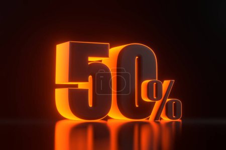 Photo for Fifty percent sign with bright glowing futuristic orange neon lights on black background. 50% discount on sale. 3D render illustration - Royalty Free Image