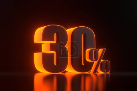 Photo for Thirty percent sign with bright glowing futuristic orange neon lights on black background. 30% discount on sale. 3D render illustration - Royalty Free Image