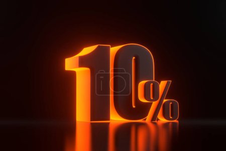 Foto de Signo del diez por ciento con brillantes luces de neón naranjas futuristas sobre fondo negro. 10% de descuento en venta. Ilustración de representación 3D - Imagen libre de derechos