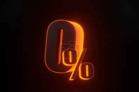 Téléchargez les photos : Signe zéro pour cent avec des lumières lumineuses au néon orange futuriste sur fond noir. 0 % réduction sur la vente. Illustration de rendu 3D - en image libre de droit