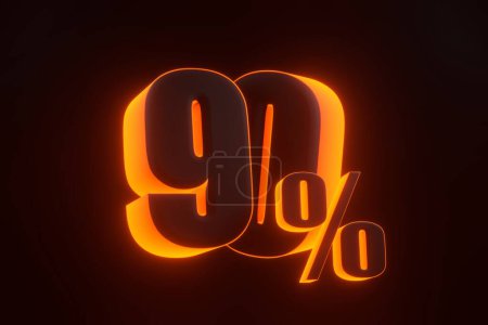 Photo for Ninety percent sign with bright glowing futuristic orange neon lights on black background. 90% discount on sale. 3D render illustration - Royalty Free Image