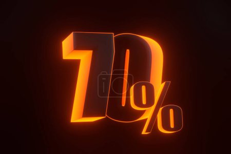 Foto de Signo del setenta por ciento con brillantes luces de neón naranjas futuristas sobre fondo negro. 70% de descuento en venta. Ilustración de representación 3D - Imagen libre de derechos