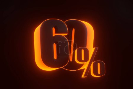 Foto de Signo del sesenta por ciento con brillantes luces de neón naranjas futuristas sobre fondo negro. 60% de descuento en venta. Ilustración de representación 3D - Imagen libre de derechos