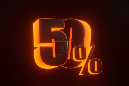 Foto de Signo del cincuenta por ciento con brillantes luces de neón naranjas futuristas sobre fondo negro. 50% de descuento en venta. Ilustración de representación 3D - Imagen libre de derechos
